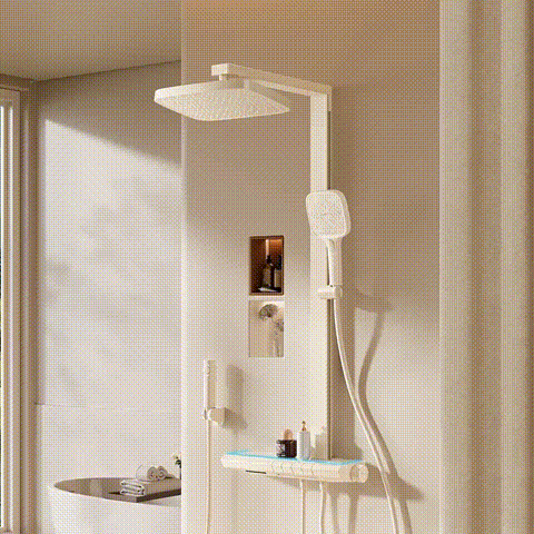 国家补贴：四季沐歌 M8pro奶白 四功能方管智能淋浴花洒 全铜水路+数显氛围灯+大置物架